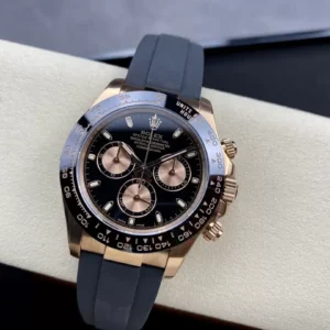ROLEX DAYTONA COPIES WATCHES BLACK DIAL ROSE GOLD PLATE RUBBER STRAP CLEAN FACTORY 40MM 2 ĐỒNG HỒ NAM ROLEX DAYTONA LEAN FACTORY REPLICA KHÓA HỘP TRẺ TRUNG 40MM
