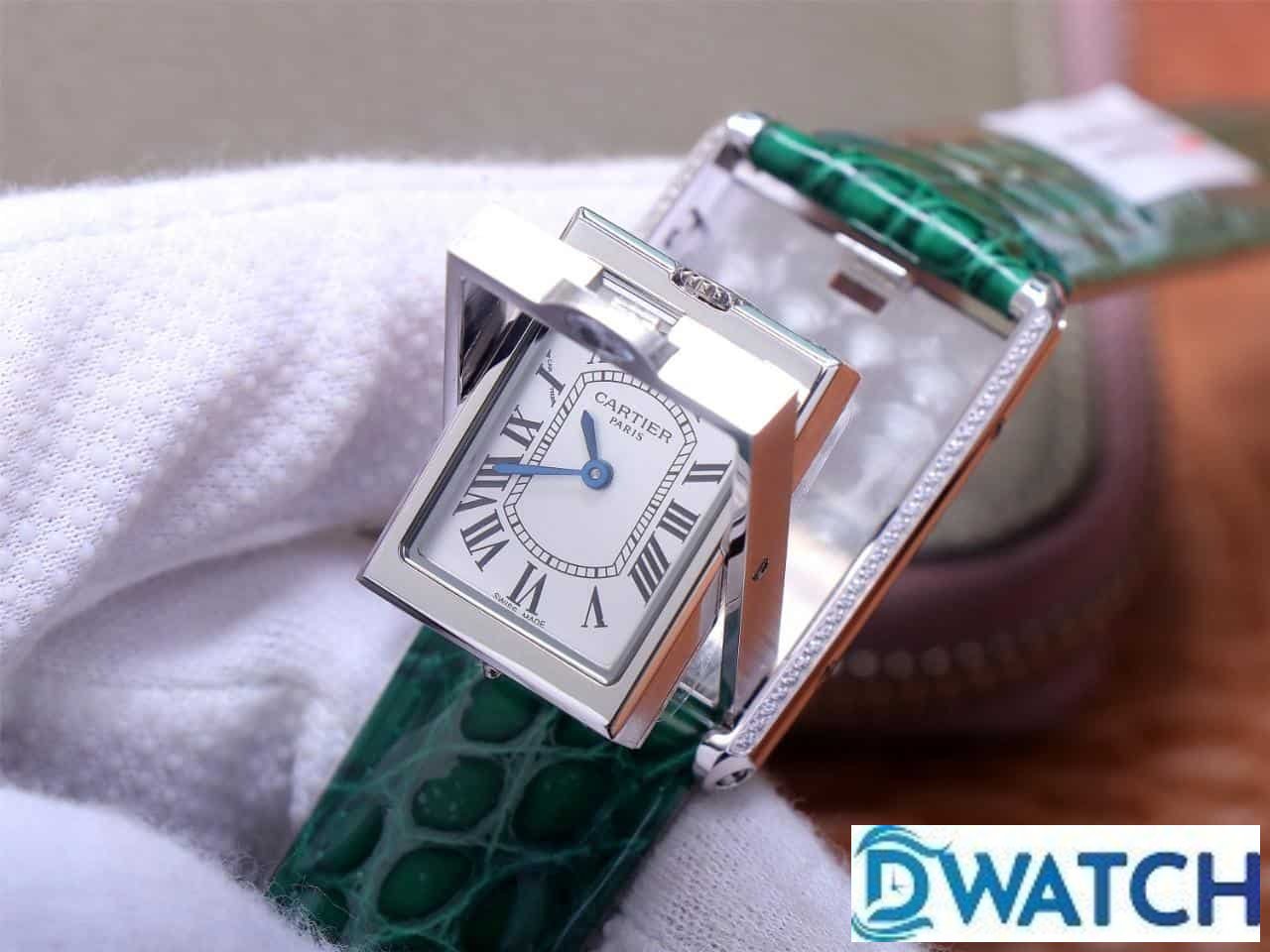 ĐỒNG HỒ NỮ CARTIER TANK BASCULANTE FAKE 1:1 NHÀ MÁY AW DÂY DA XANH 31MM ĐỒNG HỒ NỮ CARTIER TANK BASCULANTE FAKE 1:1 NHÀ MÁY AW DÂY DA XANH 31MM