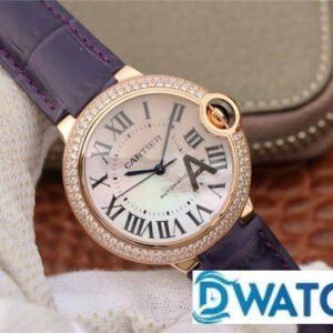 CARTIER BALLON BLEU COPIES WATCHES ROSE GOLD RHINESTONE CASE PURPLE LEATHER STRAP 36MM 1 ĐỒNG HỒ NỮ CARTIER BALLON BLEU DE CARTIER FAKE CAO CẤP NHÀ MÁY V6 DÂY DA 36MM