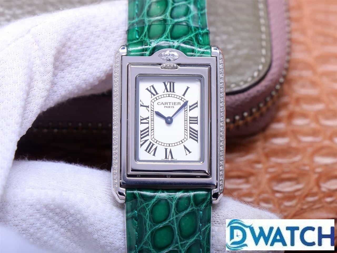 ĐỒNG HỒ NỮ CARTIER TANK BASCULANTE FAKE 1:1 NHÀ MÁY AW DÂY DA XANH 31MM ĐỒNG HỒ NỮ CARTIER TANK BASCULANTE FAKE 1:1 NHÀ MÁY AW DÂY DA XANH 31MM