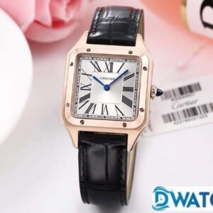 CARTIER SANTOS FOR COUPLE BEST REPLICA WATCHES ROSE GOLD CASE BLACK LEATHER STRAP 27.5 – 45.5MM 2 ĐỒNG HỒ ĐÔI CARTIER SANTOS SUPER FAKE NHÀ MÁY F1 DÂY DA 27.5 – 45.5MM