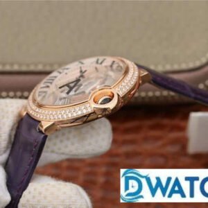 CARTIER BALLON BLEU COPIES WATCHES ROSE GOLD RHINESTONE CASE PURPLE LEATHER STRAP 36MM 3 ĐỒNG HỒ NỮ CARTIER BALLON BLEU DE CARTIER FAKE CAO CẤP NHÀ MÁY V6 DÂY DA 36MM