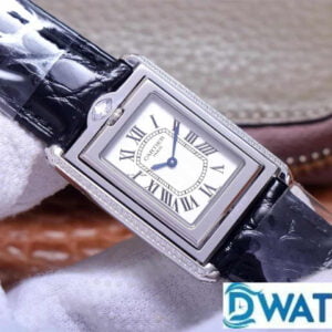CARTIER TANK BASCULANTE LUXURY REPLICA WATCHES BLACK LEATHER STRAP RHINESTONE CASSE AW FACTORY 31MM 1 ĐỒNG HỒ NỮ CARTIER TANK BASCULANTE FAKE 1:1 NHÀ MÁY AW DÂY DA ĐEN 31MM