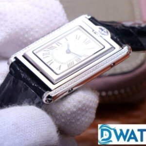 CARTIER TANK BASCULANTE LUXURY REPLICA WATCHES BLACK LEATHER STRAP RHINESTONE CASSE AW FACTORY 31MM 3 ĐỒNG HỒ NỮ CARTIER TANK BASCULANTE FAKE 1:1 NHÀ MÁY AW DÂY DA ĐEN 31MM