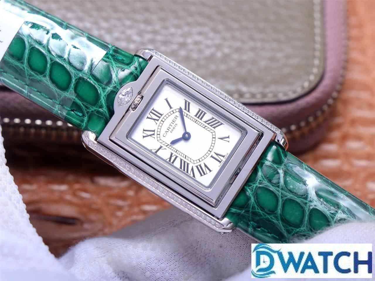 ĐỒNG HỒ NỮ CARTIER TANK BASCULANTE FAKE 1:1 NHÀ MÁY AW DÂY DA XANH 31MM ĐỒNG HỒ NỮ CARTIER TANK BASCULANTE FAKE 1:1 NHÀ MÁY AW DÂY DA XANH 31MM