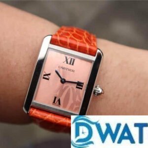 CARTIER TANK GOOD IMITATION WATCHES ORANGE BROWN DIAL LEATHER STRAP 31MM 5 ĐỒNG HỒ NỮ CARTIER TANK DÂY DA CAM THIẾT KẾ VÂN CÁ SẤU FAKE CAO CẤP 31MM
