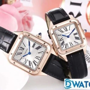 CARTIER SANTOS FOR COUPLE BEST REPLICA WATCHES ROSE GOLD CASE BLACK LEATHER STRAP 27.5 – 45.5MM 1 ĐỒNG HỒ ĐÔI CARTIER SANTOS SUPER FAKE NHÀ MÁY F1 DÂY DA 27.5 – 45.5MM