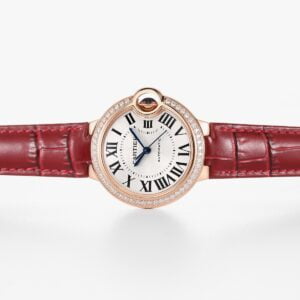 CARTIER BALLON BLUE WJBB0033 REPLICA WATCHES ROSE GOLD CASE RHINESTONE RED BROWN LEATHER STRAP V6 FACTORY 33MM 1 ĐỒNG HỒ NỮ CARTIER BALLON BLUE WJBB0033 FAKE CAO CẤP NHÀ MÁY V6 FACTORY 33MM