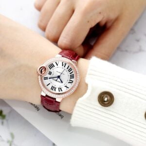 CARTIER BALLON BLUE WJBB0033 REPLICA WATCHES ROSE GOLD CASE RHINESTONE RED BROWN LEATHER STRAP V6 FACTORY 33MM 5 ĐỒNG HỒ NỮ CARTIER BALLON BLUE WJBB0033 FAKE CAO CẤP NHÀ MÁY V6 FACTORY 33MM