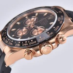 ROLEX DAYTONA COPIES WATCHES BLACK DIAL ROSE GOLD PLATE RUBBER STRAP CLEAN FACTORY 40MM 4 ĐỒNG HỒ NAM ROLEX DAYTONA LEAN FACTORY REPLICA KHÓA HỘP TRẺ TRUNG 40MM