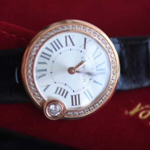 CARTIER BALLON BLANC DE CARTIER WGBL0005 RHINESTONES ROSE GOLD CASE LEATHER STRAP 30MM 3 ĐỒNG HỒ NỮ CARTIER BALLON BLANC DE CARTIER WGBL0005 FAKE DÂY DA ĐEN 30MM