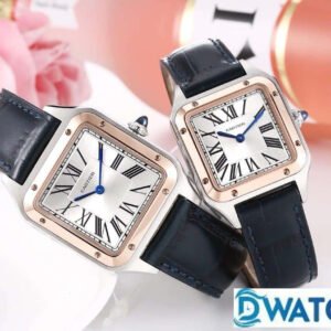 CARTIER SANTOS FOR COUPLE REPLICA WATCHES TWO TONE BLACK LEATHER STRAP 27.5 - 45.5MM 1 ĐỒNG HỒ ĐÔI CARTIER SANTOS FAKE 1:1 NHÀ MÁY F1 VÀNG HỒNG 27.5 - 45.5MM