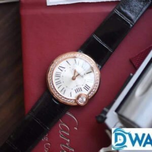 CARTIER BALLON BLANC DE CARTIER WGBL0005 RHINESTONES ROSE GOLD CASE LEATHER STRAP 30MM 2 ĐỒNG HỒ NỮ CARTIER BALLON BLANC DE CARTIER WGBL0005 FAKE DÂY DA ĐEN 30MM