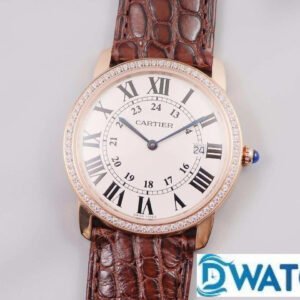 CARTIER RONDE LOUIS WR000651 REPLICA WATCHES ROSE GOLD RHINESTONE CASE BLACK LEATHER STRAP K11 FACTORY 36MM 1 ĐỒNG HỒ NAM CARTIER RONDE LOUIS WR000651 FAKE 1:1 NHÀ MÁY K11 ROSE GOLD 36MM
