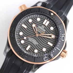 OMEGA SEAMASTER IMITATION LUXURY WATCHES BEZEL ROSE GOLD BLACK CERAMIC RUBBER STRAP OR FACTORY 43MM 2 ĐỒNG HỒ NAM OMEGA SEAMASTER REPLCIA 11 NHÀ MÁY OR MẶT SỐ GỢN SÓNG 43MM
