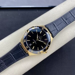 OMEGA CONSTELLATION KNOCK OFF WATCHES GOLD PLATE BLACK BEZEL LEATHER STRAP SBF FACTORY 41MM 1 ĐỒNG HỒ NAM OMEGA CONSTELLATION REPLCIA NHÀ MÁY SBF VÀNG GOLD 41MM