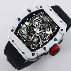 RICHARD MILLE RM35-01 BEST COPIES WATCHES WHITE CARBON CASE RED FABRIC STRAP BBR FACTORY 44MM 1 ĐỒNG HỒ NAM RICHARD MILLE RM35-01 REPLICA 11 NHÀ MÁY BBR DÂY VẢI ĐEN 44MM