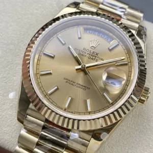 ROLEX DAY-DATE 228238 COPIES WATCHES GOLD DIAL INDEX HOURS GOLD PLATE STEEL VONFRAM GM FACTORY 40MM 2 ĐỒNG HỒ ROLEX DAY-DATE 228238 REPLICA THÉP VONFRAM VÀNG GOLD SỐ DẠ QUANG GMF 40MM