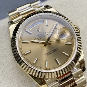 ROLEX DAY-DATE 228238 COPIES WATCHES GOLD DIAL INDEX HOURS GOLD PLATE STEEL VONFRAM GM FACTORY 40MM 3 ĐỒNG HỒ ROLEX DAY-DATE 228238 REPLICA THÉP VONFRAM VÀNG GOLD SỐ DẠ QUANG GMF 40MM