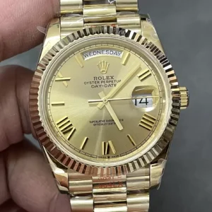 ROLEX DAY-DATE 228238 BEST REPLICA WATCHES GOLD DIAL GOLD PLATE ROMAN HOURS STEEL VONFRAM GM FACTORY 40MM 1 ĐỒNG HỒ ROLEX DAY-DATE 228238 REPLICA THÉP VONFRAM VÀNG GOLD SỐ LA MÃ GMF 40MM
