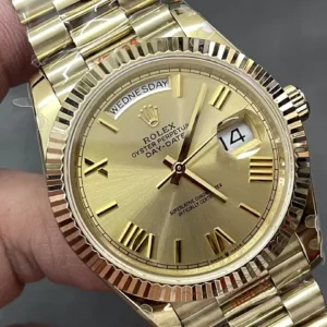 ROLEX DAY-DATE 228238 BEST REPLICA WATCHES GOLD DIAL GOLD PLATE ROMAN HOURS STEEL VONFRAM GM FACTORY 40MM 3 ĐỒNG HỒ ROLEX DAY-DATE 228238 REPLICA THÉP VONFRAM VÀNG GOLD SỐ LA MÃ GMF 40MM