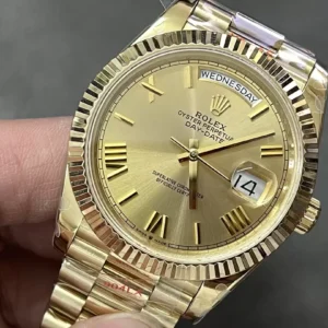ROLEX DAY-DATE 228238 BEST REPLICA WATCHES GOLD DIAL GOLD PLATE ROMAN HOURS STEEL VONFRAM GM FACTORY 40MM 4 ĐỒNG HỒ ROLEX DAY-DATE 228238 REPLICA THÉP VONFRAM VÀNG GOLD SỐ LA MÃ GMF 40MM