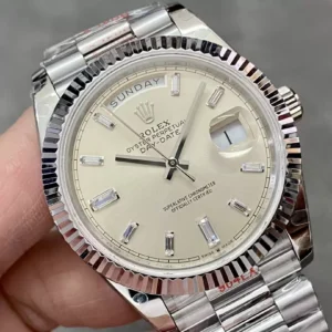 ROLEX DAY-DATE 228236 REPLICA LUXURY WATCHES WHITE CHAMPAGNE DIAL RHINESTONE BAGUETTE HOURS GM FACTORY 41MM 2 ĐỒNG HỒ ROLEX DAY-DATE 228236 REPLICA 1:1 THÉP VONFRAM CỌC SỐ ĐÁ GMF 41MM