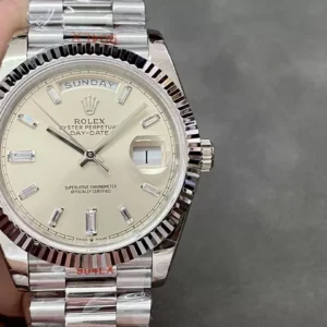 ROLEX DAY-DATE 228236 REPLICA LUXURY WATCHES WHITE CHAMPAGNE DIAL RHINESTONE BAGUETTE HOURS GM FACTORY 41MM 1 ĐỒNG HỒ ROLEX DAY-DATE 228236 REPLICA 1:1 THÉP VONFRAM CỌC SỐ ĐÁ GMF 41MM