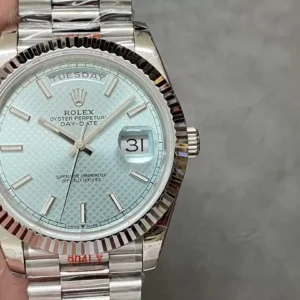ROLEX DAY-DATE 228236 BEST COPIES WATCHES ICE BLUE MESH DIAL STEEL INDEX HOURS VONFRAM GM FACTORY 41MM 8 ĐỒNG HỒ ROLEX DAY-DATE 228236 REPLICA 11 THÉP VONFRAM NIỀNG KHÍA MẶT XANH GMF 41MM (1)