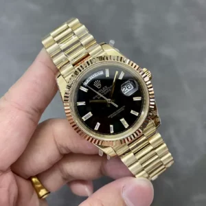 ROLEX DAY-DATE 228238 REPLICA WATCHES BLACK DIAL STEEL VONFRAM RHINESTONE BAGUETTE HOURS GM FACTORY 41MM 2 ĐỒNG HỒ ROLEX DAY-DATE 228238 REPLICA 11 THÉP VONFRAM VÀNG GOLD BLACK DIAL GMF 41MM (1)