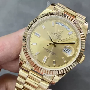 ROLEX DAY-DATE 228238 GOOD IMITATION WATCH GOLD DIAL RHINESTONE BAGUETTE GOLD PLATE GM FACTORY 41MM 4 ĐỒNG HỒ ROLEX DAY-DATE 228238 REPLICA 11 THÉP VONFRAM VÀNG GOLD CỌC SỐ ĐÁ GMF 41MM (1)