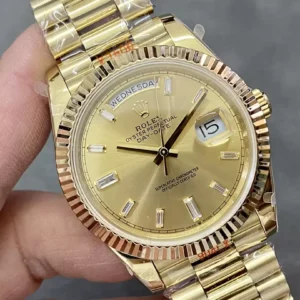 ROLEX DAY-DATE 228238 GOOD IMITATION WATCH GOLD DIAL RHINESTONE BAGUETTE GOLD PLATE GM FACTORY 41MM 3 ĐỒNG HỒ ROLEX DAY-DATE 228238 REPLICA 11 THÉP VONFRAM VÀNG GOLD CỌC SỐ ĐÁ GMF 41MM (1)