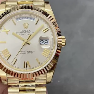 ROLEX DAY-DATE 228238 BEST REPLICA WATCHES WHITE DIAL ROMAN HOURS GOLD PLATE GM FACTORY 41MM 2 ĐỒNG HỒ ROLEX DAY-DATE 228238 REPLICA 11 THÉP VONFRAM VÀNG GOLD NIỀNG KHÍA GMF 41MM (1)