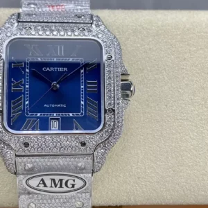 CARTIER SANTOS BEST COPIES WATCHES BLUE DIAL RHINESTONE FULL GEM AMG FACTORY 40MM 1 ĐỒNG HỒ CARTIER SANTOS REPLICA 11 ĐÍNH FULL ĐÁ MẶT XANH AMG FACTORY 40MM (2)