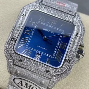 CARTIER SANTOS BEST COPIES WATCHES BLUE DIAL RHINESTONE FULL GEM AMG FACTORY 40MM 3 ĐỒNG HỒ CARTIER SANTOS REPLICA 11 ĐÍNH FULL ĐÁ MẶT XANH AMG FACTORY 40MM (2)