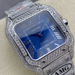 CARTIER SANTOS BEST COPIES WATCHES BLUE DIAL RHINESTONE FULL GEM AMG FACTORY 40MM 2 ĐỒNG HỒ CARTIER SANTOS REPLICA 11 ĐÍNH FULL ĐÁ MẶT XANH AMG FACTORY 40MM (2)