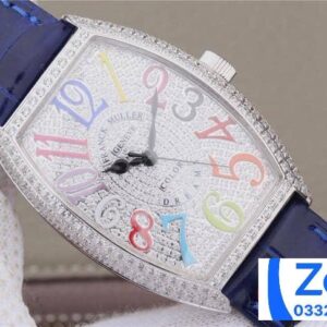 FRANCK MULLER LUXURY REPLICA WATCH RHINESTONE CASE RAINBOWN HOUR BLUE LEATHER STRAP 36MM 1 ĐỒNG HỒ FRANCK MULLER NỮ CỌC SỐ 7 MÀU REPLICA 11 MÁY CƠ THỤY SỸ 36MM (2)
