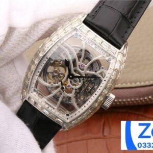 FRANCK MULLER SKELETON COPIES WATCH RHINESTONE BAGUETTE BLACK LEATHER STRAP 39.5x55MM 1 ĐỒNG HỒ FRANCK MULLER SKELETON REPLICA 11 ĐÍNH ĐÁ BAGUETEE 39 (2)