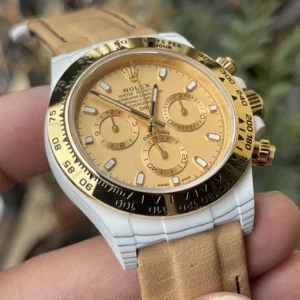 ROLEX DAYTONA DIW WHITE CARBON REPLICA WATCHES YELLOW DIAL 40MM 2 ĐỒNG HỒ ROLEX DAYTONA DIW CARBON REPLICA 11 DÂY MÀU NÂU 40MM (2)