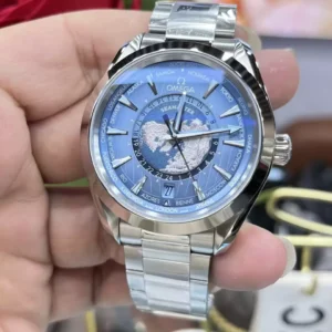 OMEGA SEAMASTER FAKE 1:1 WATCH AQUA TERRA WORLDTIMES STEEL VSF 43MM 5 ĐỒNG HỒ OMEGA SEAMASTER FAKE CAO CẤP NHÀ MÁY VS NAM MẶT SỐ MÀU XANH 43MM