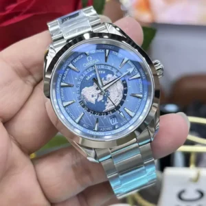 OMEGA SEAMASTER FAKE 1:1 WATCH AQUA TERRA WORLDTIMES STEEL VSF 43MM 2 ĐỒNG HỒ OMEGA SEAMASTER FAKE CAO CẤP NHÀ MÁY VS NAM MẶT SỐ MÀU XANH 43MM