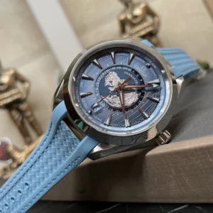 OMEGA SEAMASTER AQUA TERRA WORLDTIMER BLUE REPLICA WATCH VS FACTORY 43MM 3 ĐỒNG HỒ OMEGA SEAMASTER NAM DÂY CAO SU REPLICA VS FACTORY 43MM