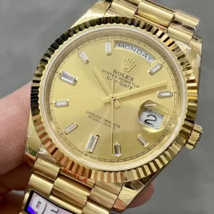 ROLEX DAY-DATE 228238 FAKE WATCH BAGUETTE NUMBER 185GRAM QF 40MM 1 ĐỒNG HỒ ROLEX DAY-DATE 228238 CHẾ TÁC NAM CỌC SỐ ĐÁ BAGUETTE 185GRAM NHÀ MÁY Q 40MM