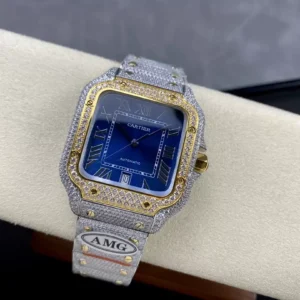 CARTIER SANTOS DEMI REPLICA 11 WATCH BLUE DIAL DEMI AMG FACTORY 40MM 3 ĐỒNG HỒ CARTIER SANTOS DEMI REPLICA 11 ĐÍNH FULL ĐÁ SWAROVSKI MẶT XANH AMG FACTORY 40MM
