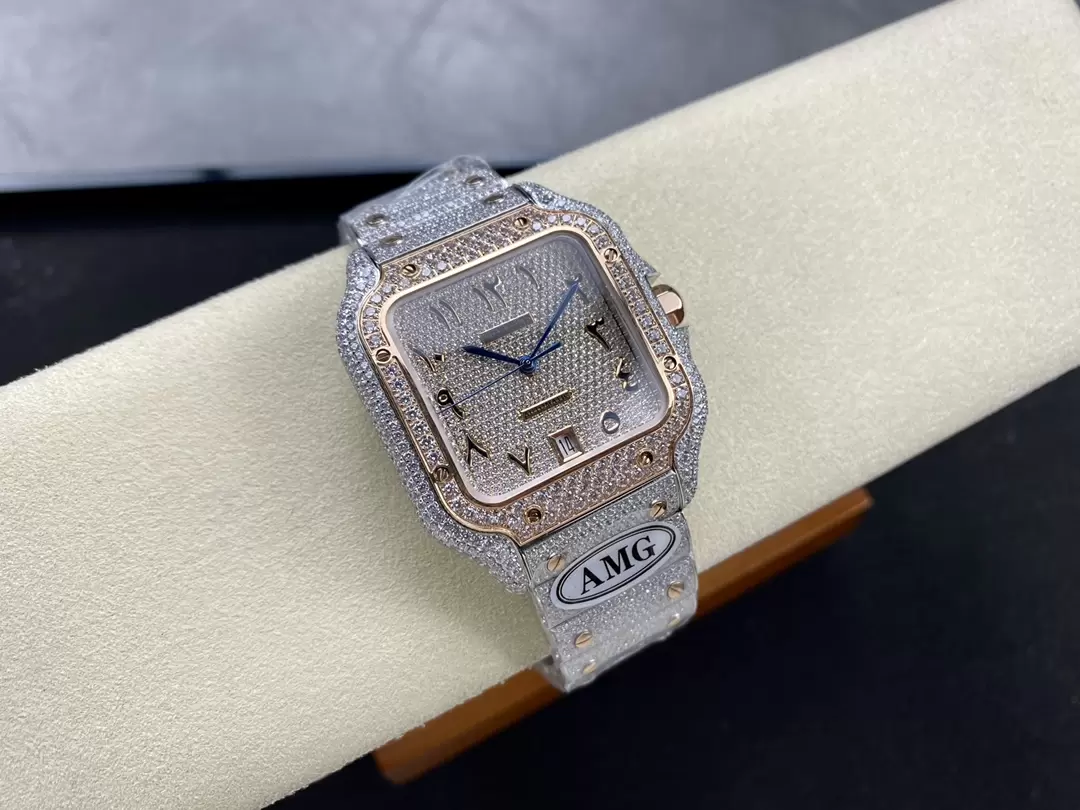 ĐỒNG HỒ CARTIER SANTOS REPLICA 11 ĐÍNH FULL ĐÁ CỌC SỐ Ả RẬP AMG 40MM (2) ĐỒNG HỒ CARTIER SANTOS REPLICA 11 ĐÍNH FULL ĐÁ CỌC SỐ Ả RẬP AMG 40MM