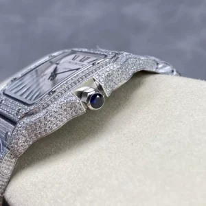 CARTIER SANTOS REPLICA 1:1 WATCH WHITE DIAL AMG FACTORY 40MM 5 ĐỒNG HỒ CARTIER SANTOS REPLICA 11 ĐÍNH FULL ĐÁ SWAROVSKI MẶT TRẮNG AMG FACTORY 40MM