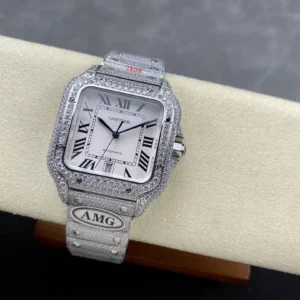 CARTIER SANTOS REPLICA 1:1 WATCH WHITE DIAL AMG FACTORY 40MM 3 ĐỒNG HỒ CARTIER SANTOS REPLICA 11 ĐÍNH FULL ĐÁ SWAROVSKI MẶT TRẮNG AMG FACTORY 40MM