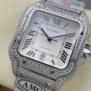 CARTIER SANTOS REPLICA 1:1 WATCH WHITE DIAL AMG FACTORY 40MM 2 ĐỒNG HỒ CARTIER SANTOS REPLICA 11 ĐÍNH FULL ĐÁ SWAROVSKI MẶT TRẮNG AMG FACTORY 40MM