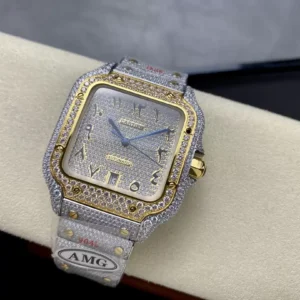 CARTIER SANTOS REPLICA 1:1 WATCH YELLOW GOLD WITH FULL STONE AMG 40MM 1 ĐỒNG HỒ CARTIER SANTOS REPLICA 11 YELLOW GOLD ĐÍNH FULL ĐÁ AMG 40MM
