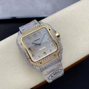 CARTIER SANTOS REPLICA 1:1 WATCH YELLOW GOLD WITH FULL STONE AMG 40MM 2 ĐỒNG HỒ CARTIER SANTOS REPLICA 11 YELLOW GOLD ĐÍNH FULL ĐÁ AMG 40MM